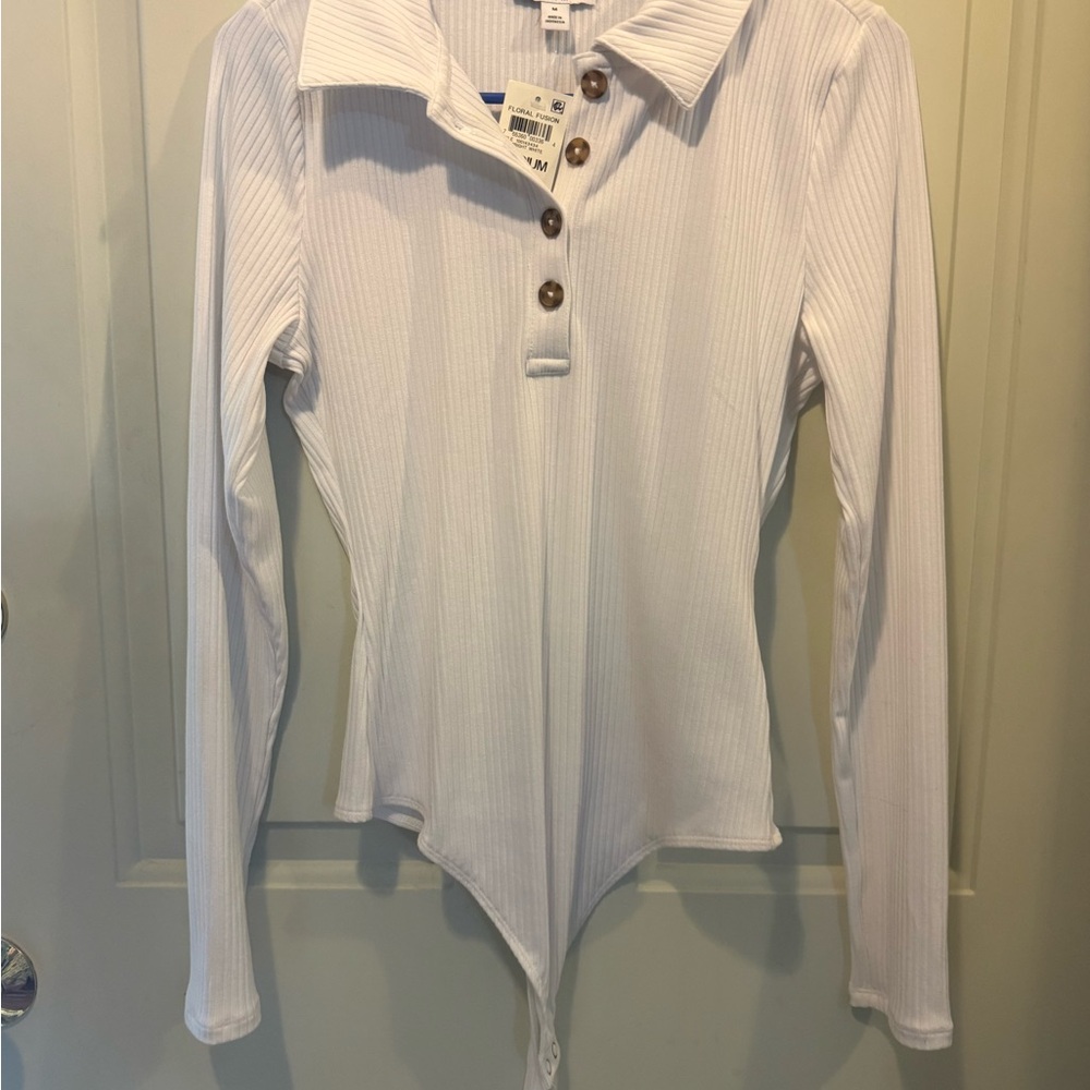 Bar III White Ribbed Long-Sleeve Polo Button Bodysuit with Snap Closure